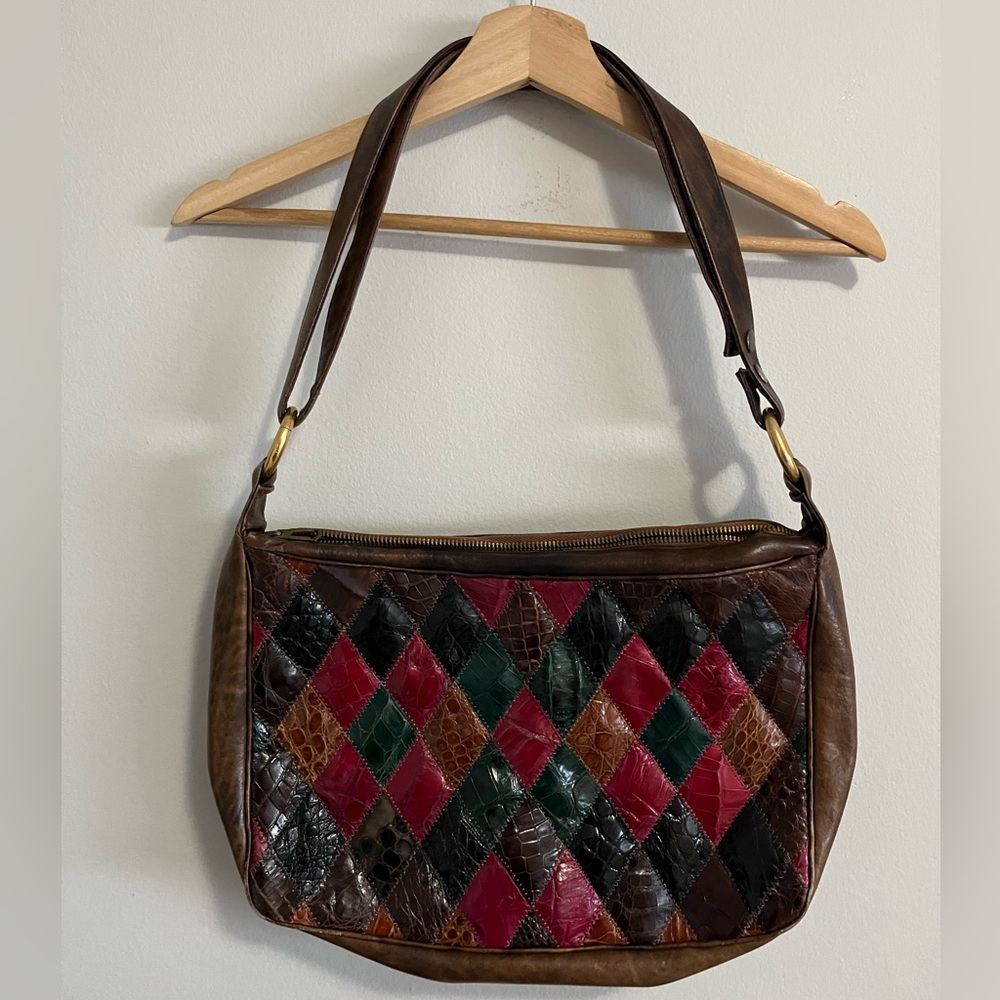 Leather Vintage Crocodile patchwork bag branded Corrente with suede interior - Picture 6 of 10